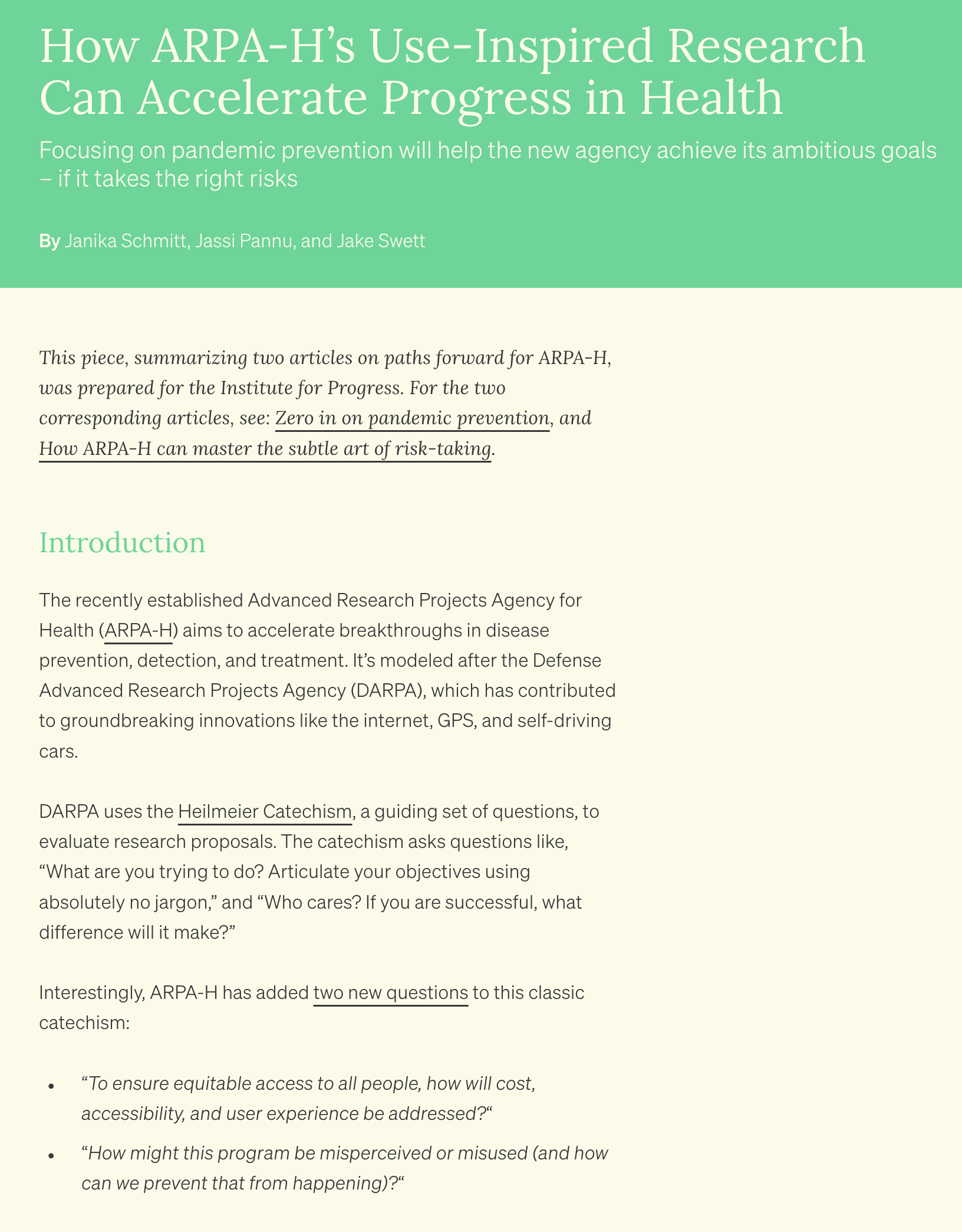 Title of a research article discussing ARPA-H and health research acceleration with a green header and beige background.