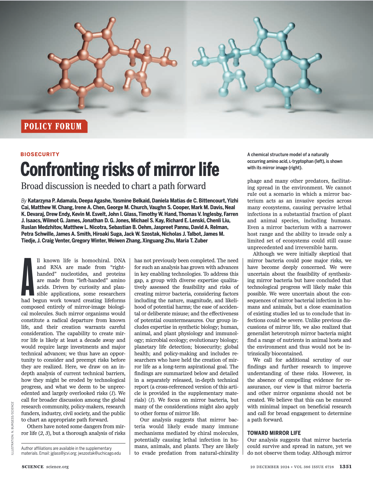 Chemical structure models of L-tryptophan, with one shown in mirror image.