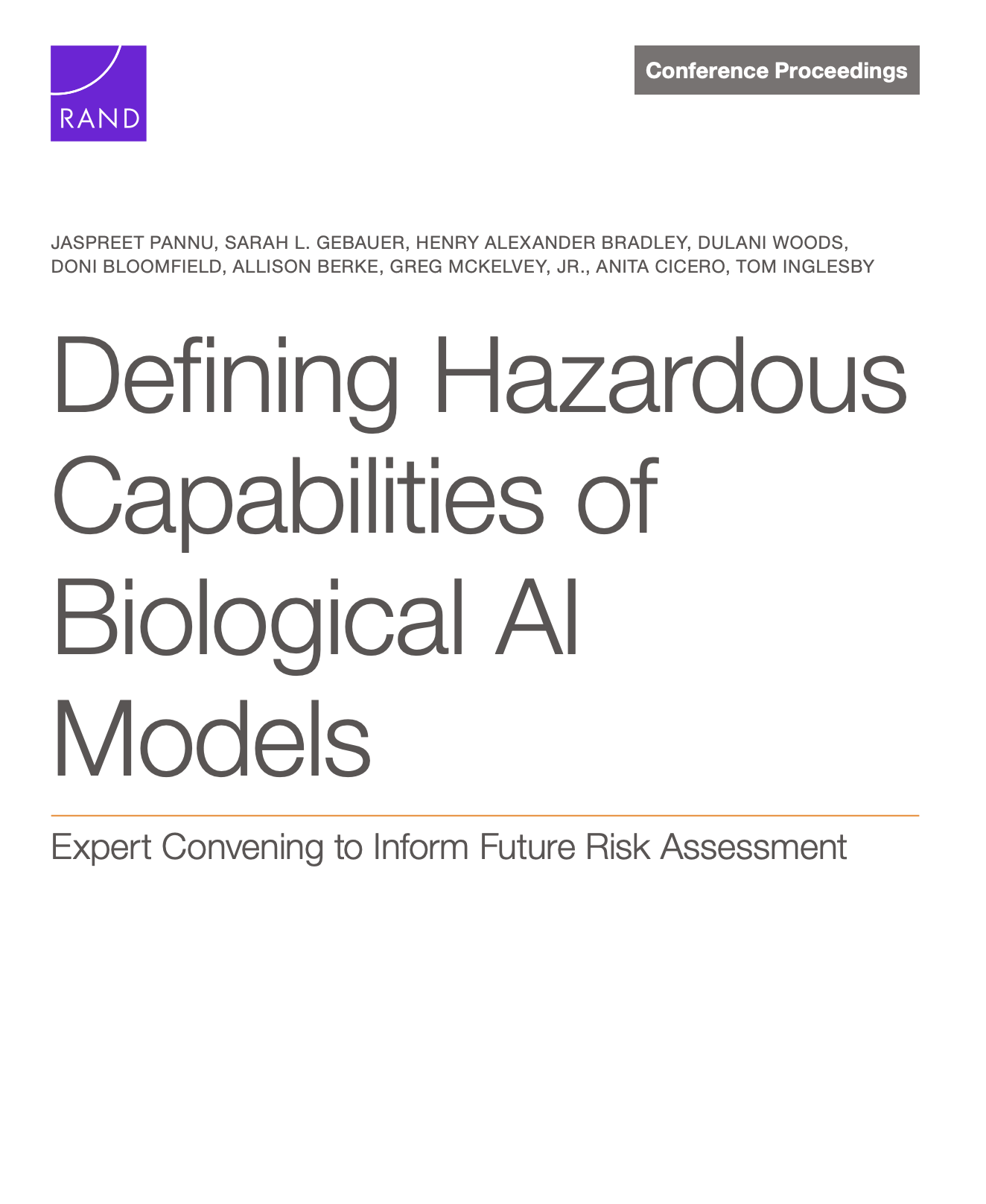 Cover page of a conference proceeding titled 'Defining Hazardous Capabilities of Biological AI Models' by multiple authors, with RAND logo and 'Conference Proceedings' header.