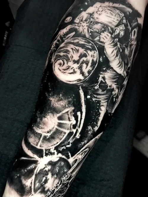 Blackwork space tattoo done in Austin by A.B. Garza