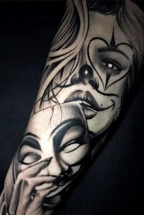 Detailed woman with mask tattoo done at black crown studio by a.b. garza in Austin