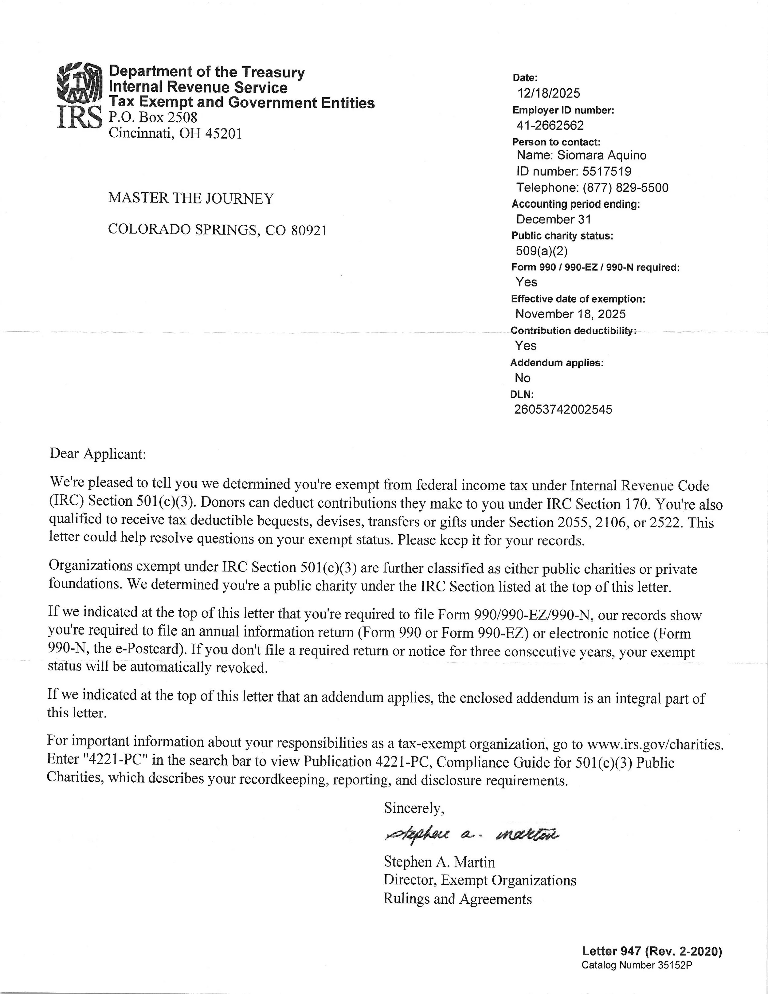A letter from the IRS informing a person named Siomara Aquino that they are exempt from federal income tax, detailing their status as a public charity, the necessary forms for filing, and contact information, signed by Stephen A. Martin.