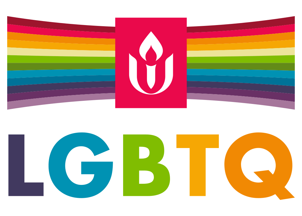 UUA LGBTQ Welcoming Congregation logo. It features a white flaming chalice inside a pink rectangle, flanked by two horizontal rainbow-striped banners. Below, the letters 'LGBTQ' are written in large, multicolored block text.