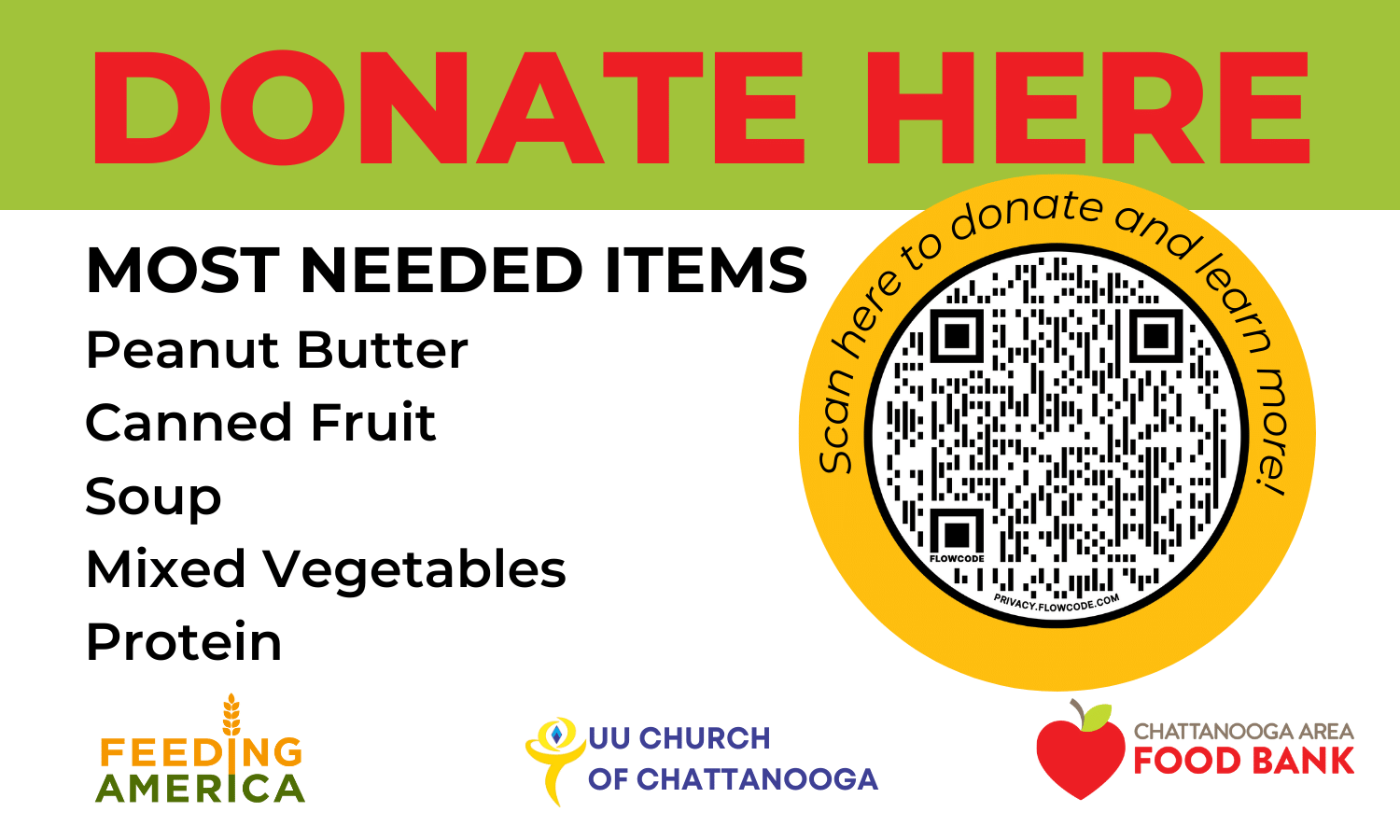 Donate Here! Most Needed Items: Peanut Butter, Canned Fruit, Soup, Mixed Vegetables, Protein.  Scan Here to Donate and Learn More