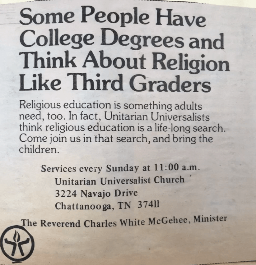 Printed 1970s ad for UUCC.