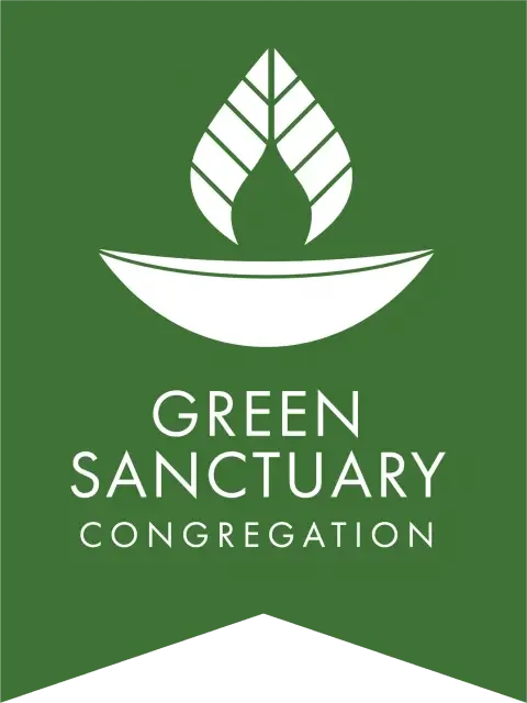 The official seal for a Green Sanctuary Congregation. The design features a white flaming chalice where the flame is replaced by a leaf symbol, centered on a green pennant background with the words 'GREEN SANCTUARY CONGREGATION' in bold white type.