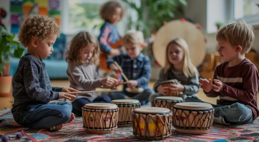 Children sitting cross-legged on a colorful rug playing drums together in a classroom or playroom.