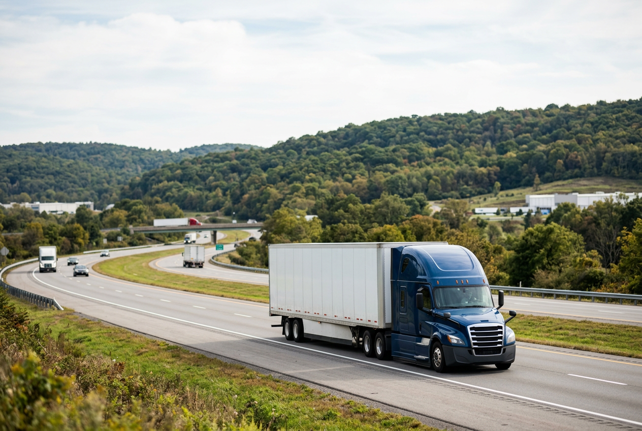 Semi truck driving through Pennsylvania’s wooded hills