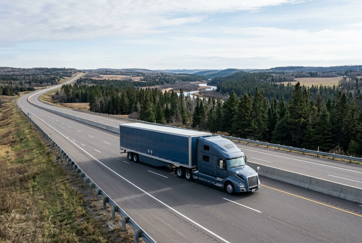 Semi truck driving on a Minnesota highway through the Midwest