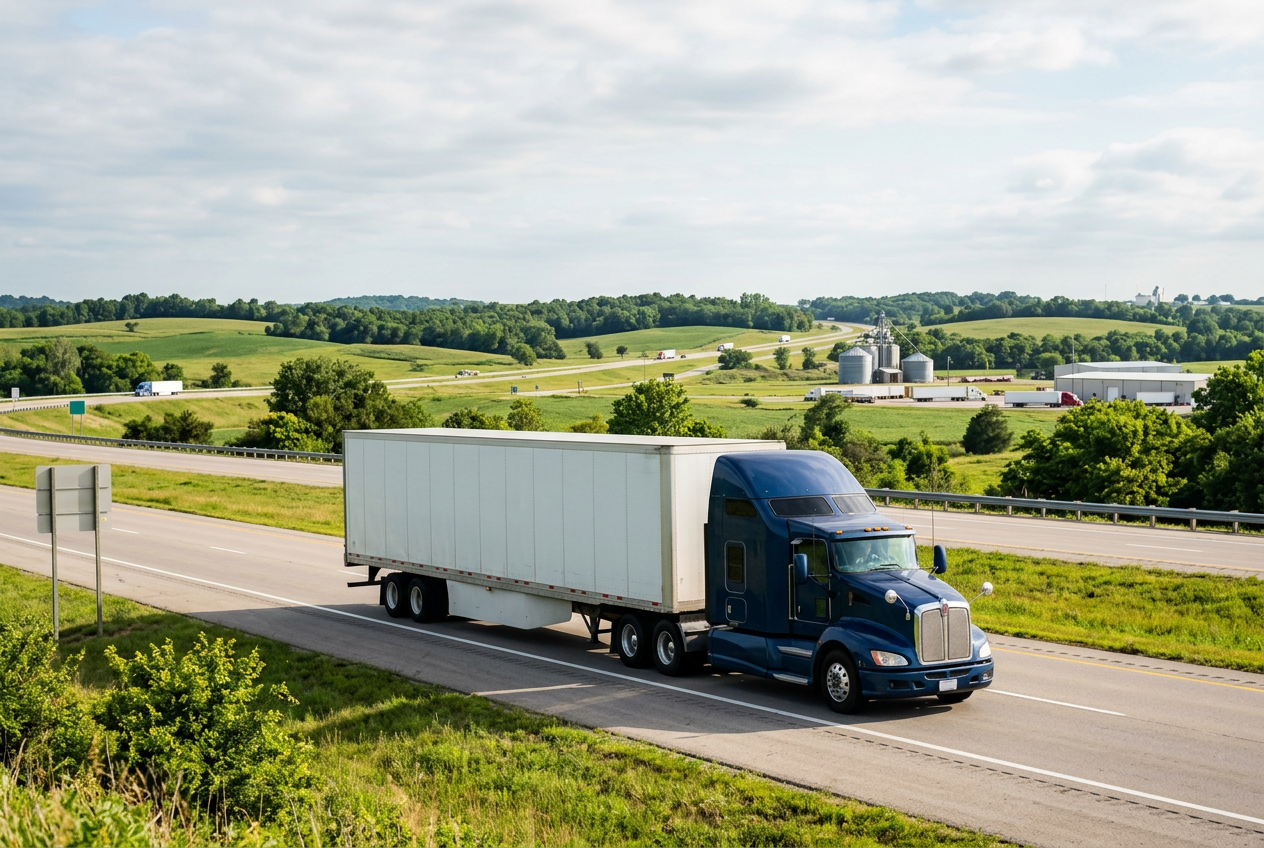 Freight truck driving on a Missouri interstate through farmland