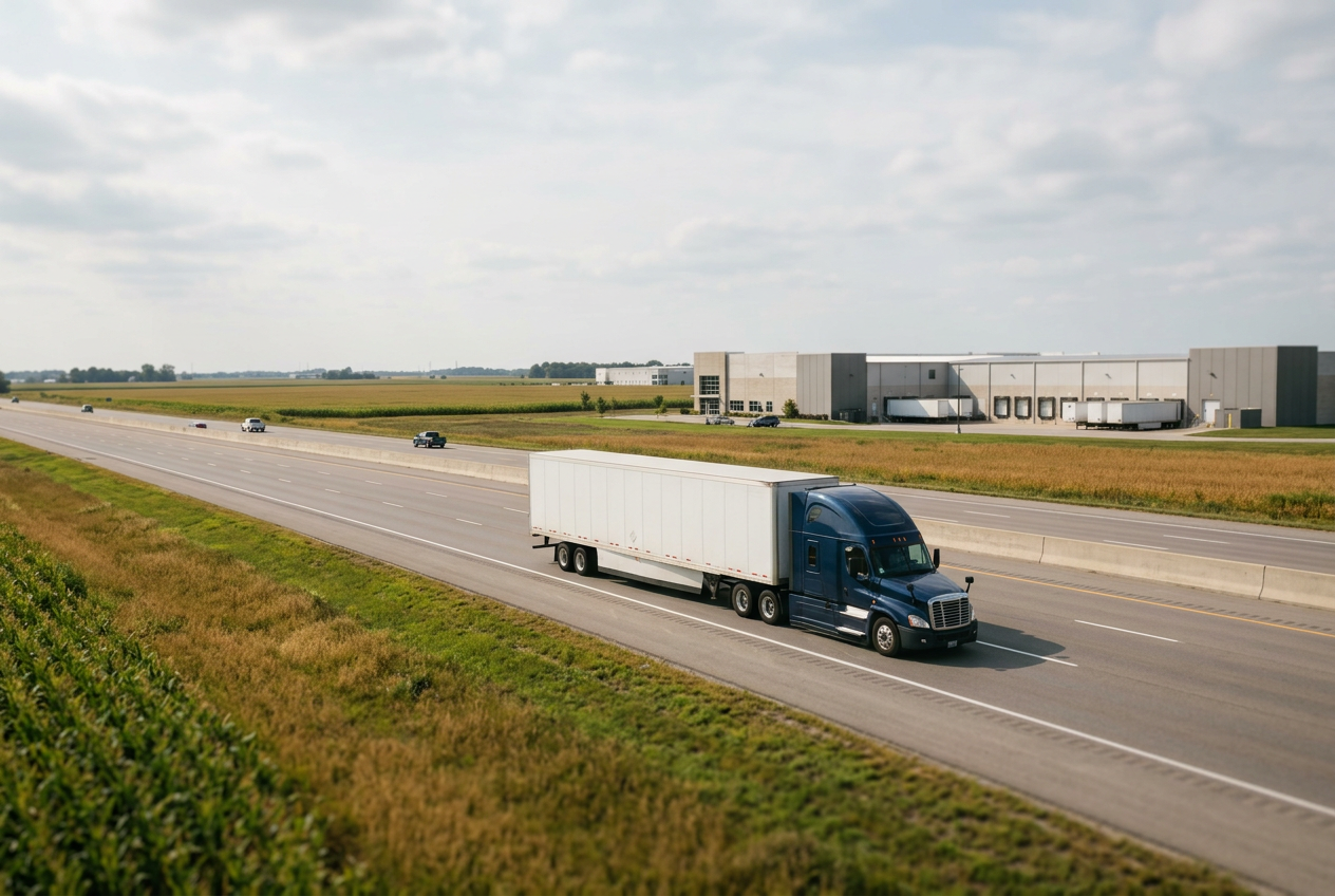 Semi truck driving on an Indiana interstate near farmland