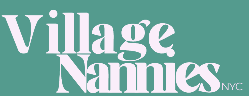 Logo for Village Nannies NYC with large pink text on teal background.