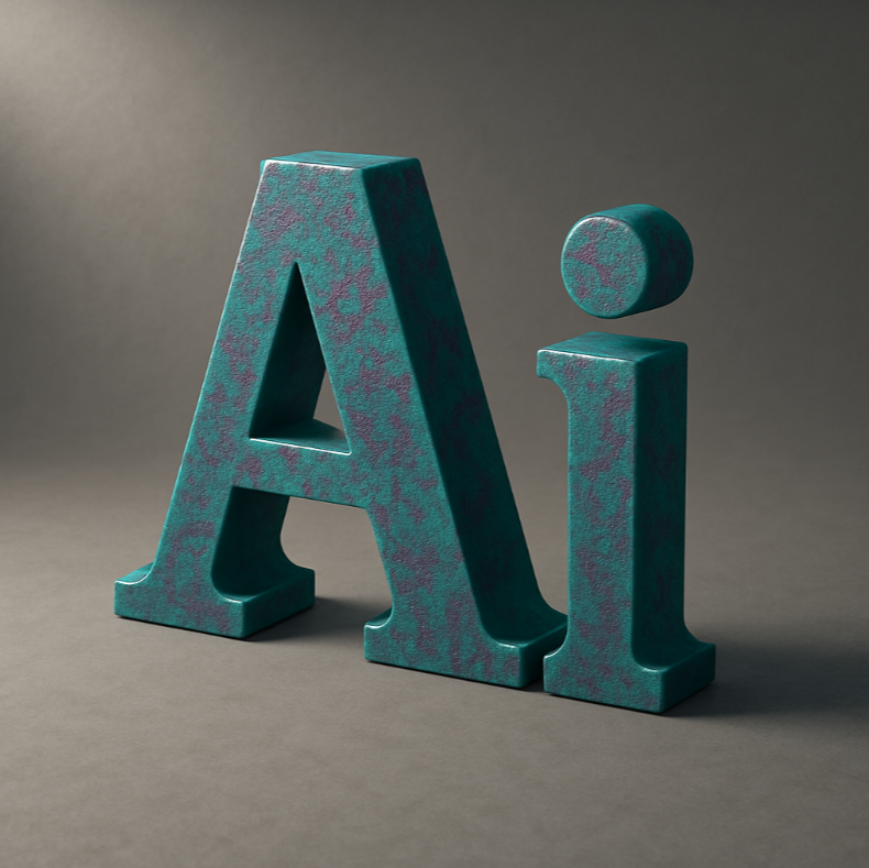 A three dimensional teal sculpture of the letters A and I against a neutral background.
