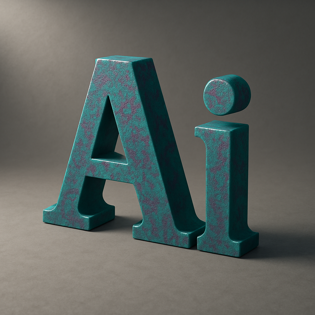 Large teal-colored 3D letter 'A' with a textured surface and a lowercase teal 'i' with a round dot, on a plain gray background.