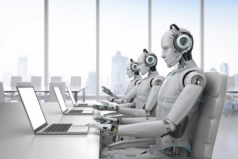 Three humanoid robots working on laptops in a modern office with large windows overlooking a city skyline.