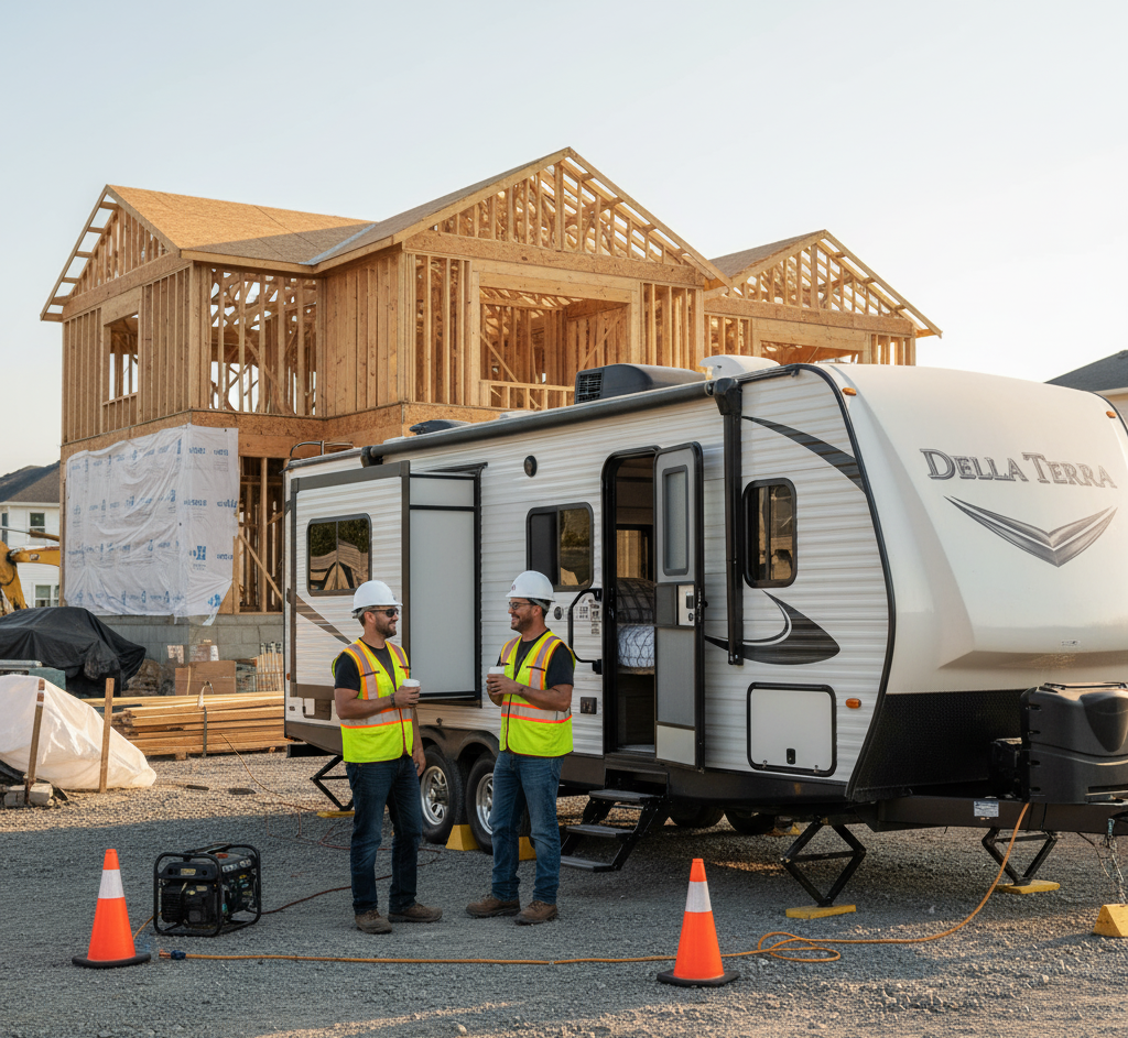 Two construction workers in safety vests and helmets talking in front of a travel trailer at a building site with a partially constructed house in the background.