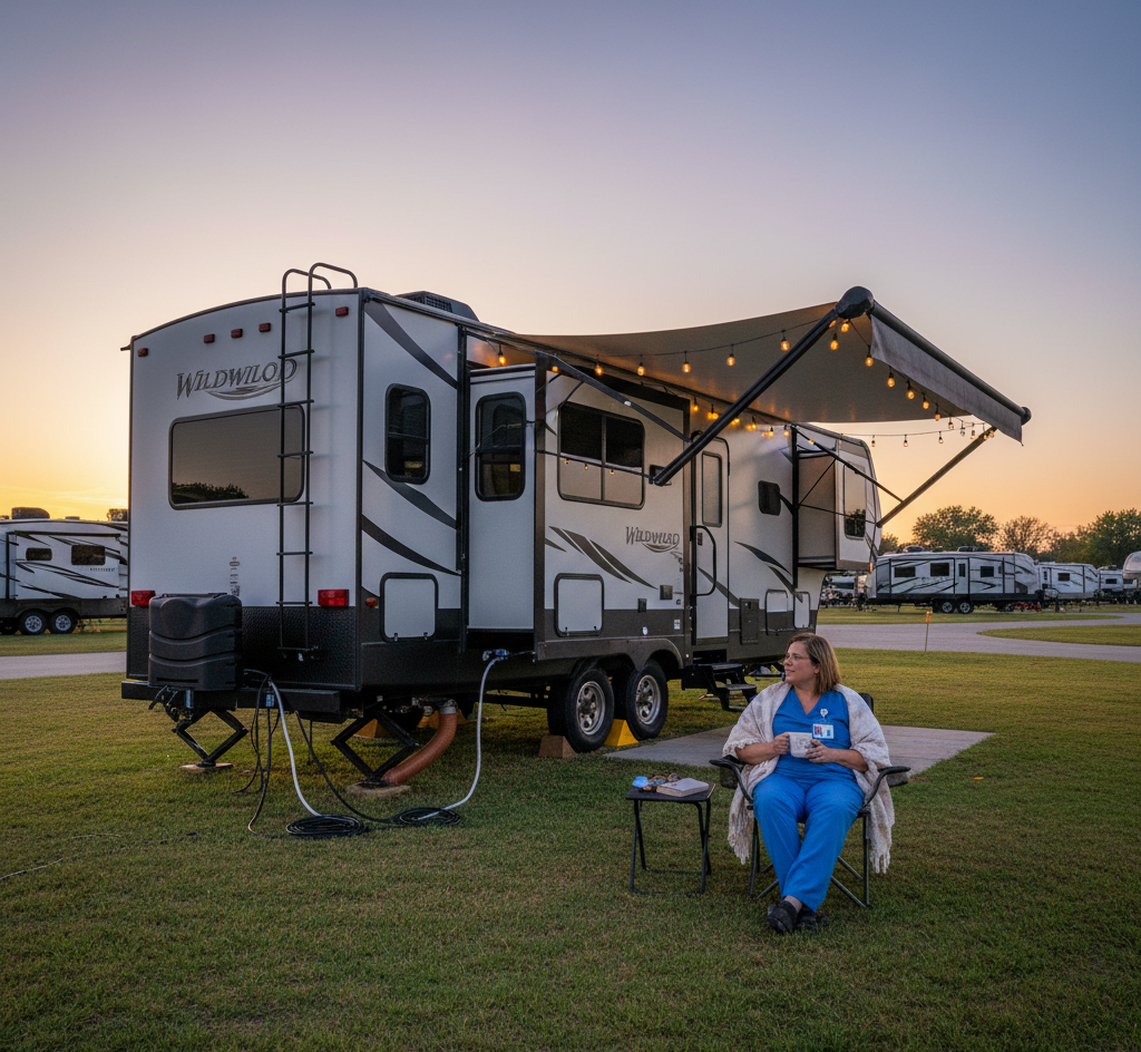 A woman in medical scrubs sits outside a large RV with an extension awning and string lights at sunset, in a campground with other RVs in the background.