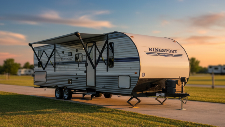 Modern travel trailer parked on a grassy area during sunset with an extended awning.