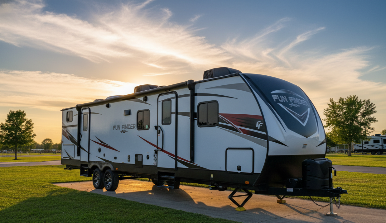 A white and black Travel Trailer RV named 'Fun Finder' parked on a concrete pad in a grassy field at sunset, with a few trees and other RVs visible in the background.