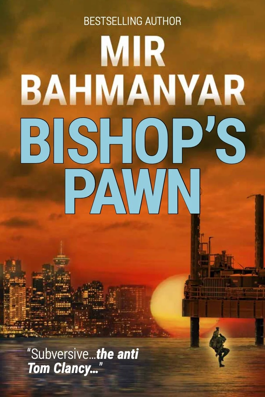 Sunset over a city skyline with a person in military gear jumping off a pier.