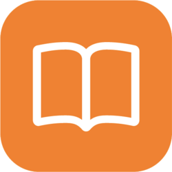 Icon of an open book on an orange background.
