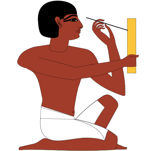 Illustration of a person with dark skin and black eye makeup, kneeling on the ground, holding a yellow rectangular object in one hand, and reaching towards it with the other hand.