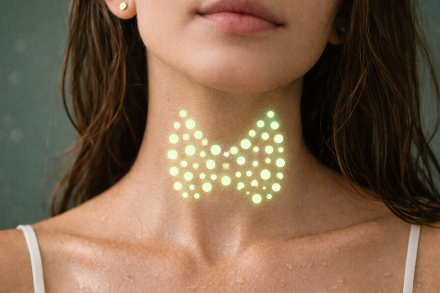 Abstrakte Darstellung der Schilddrüse bei einer Frau – visualisiert durch unterschiedlich große Punkte am Hals als Symbol für Hashimoto-Thyreoiditis und autoimmune Entzündung.