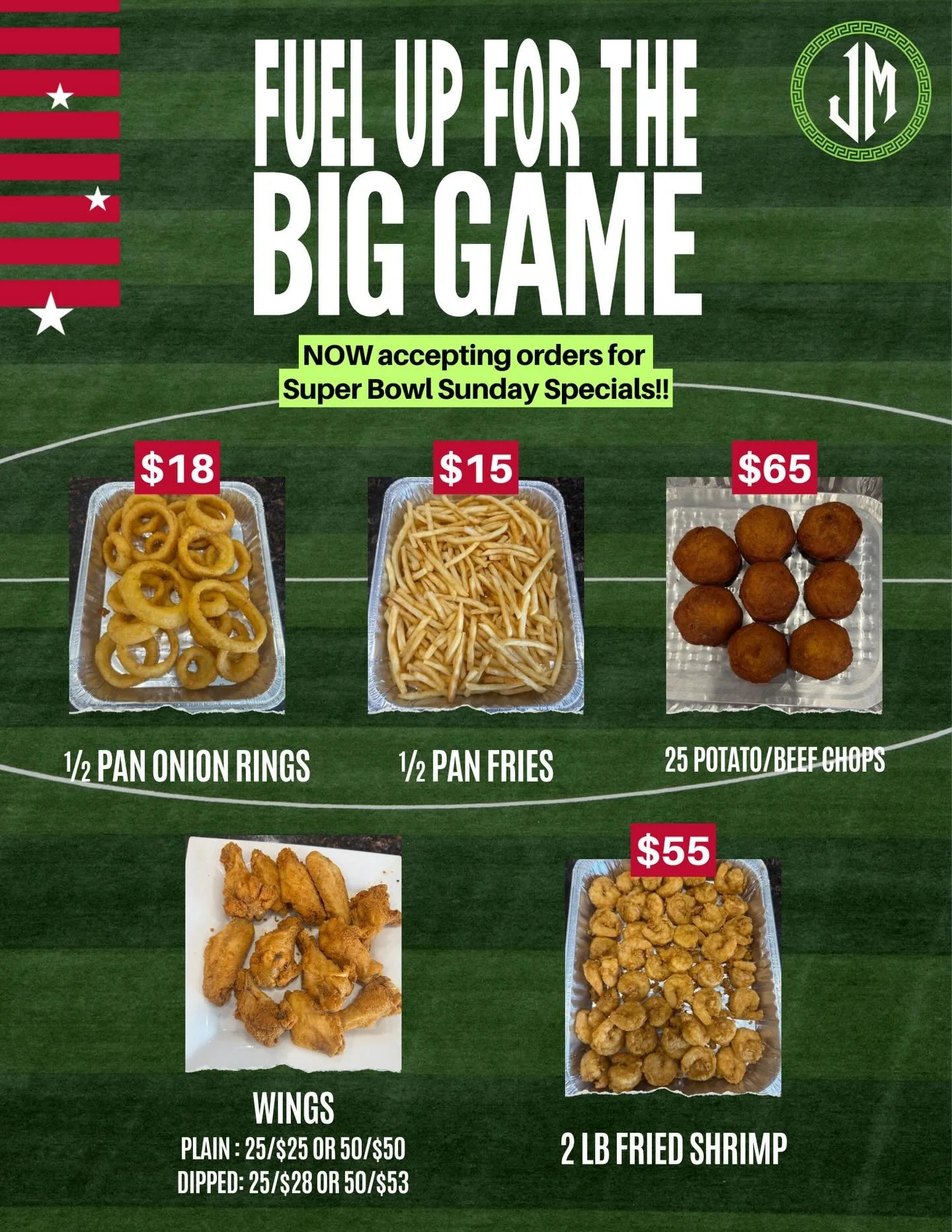 SUPERBOWL!! 
We have Super Bowl Sunday special options for you along with our regular catering menu. 
NOW taking orders. 
Call in or online!