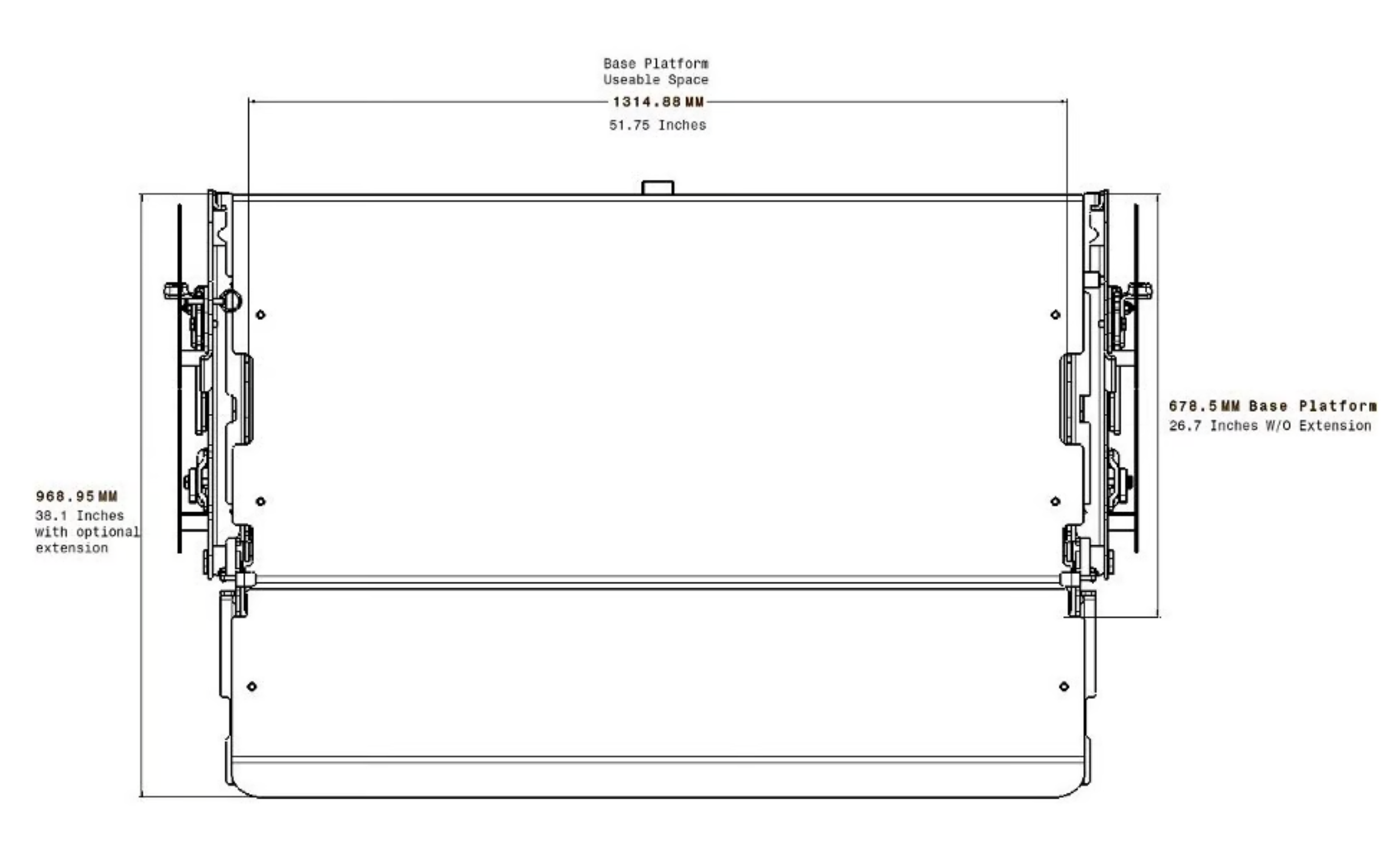 Technical drawing of a mechanical component with detailed measurements. Features include a large central section and side mounting structures, with dimensions noted in millimeters and inches.