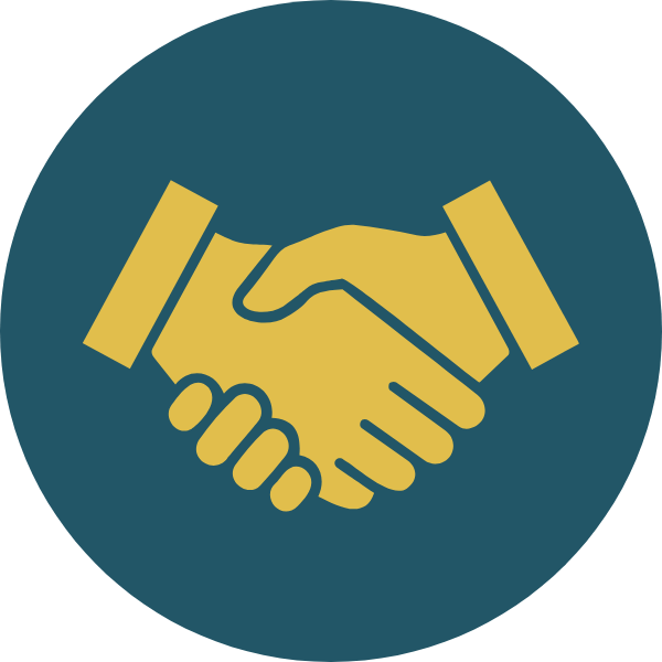 Illustration of a handshake in yellow with a blue background.