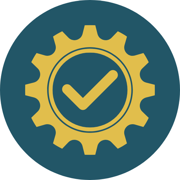 A gear icon with a checkmark inside, symbolizing approval or verification.