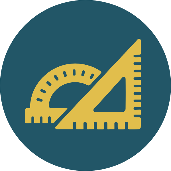 Icon of a yellow triangular ruler and protractor on a dark teal background, representing measurement tools.