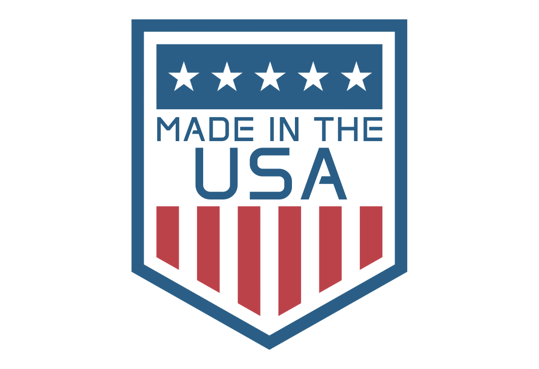 Badge with a patriotic design featuring five white stars on a blue background, the text 'Made in the USA,' and red and white stripes.