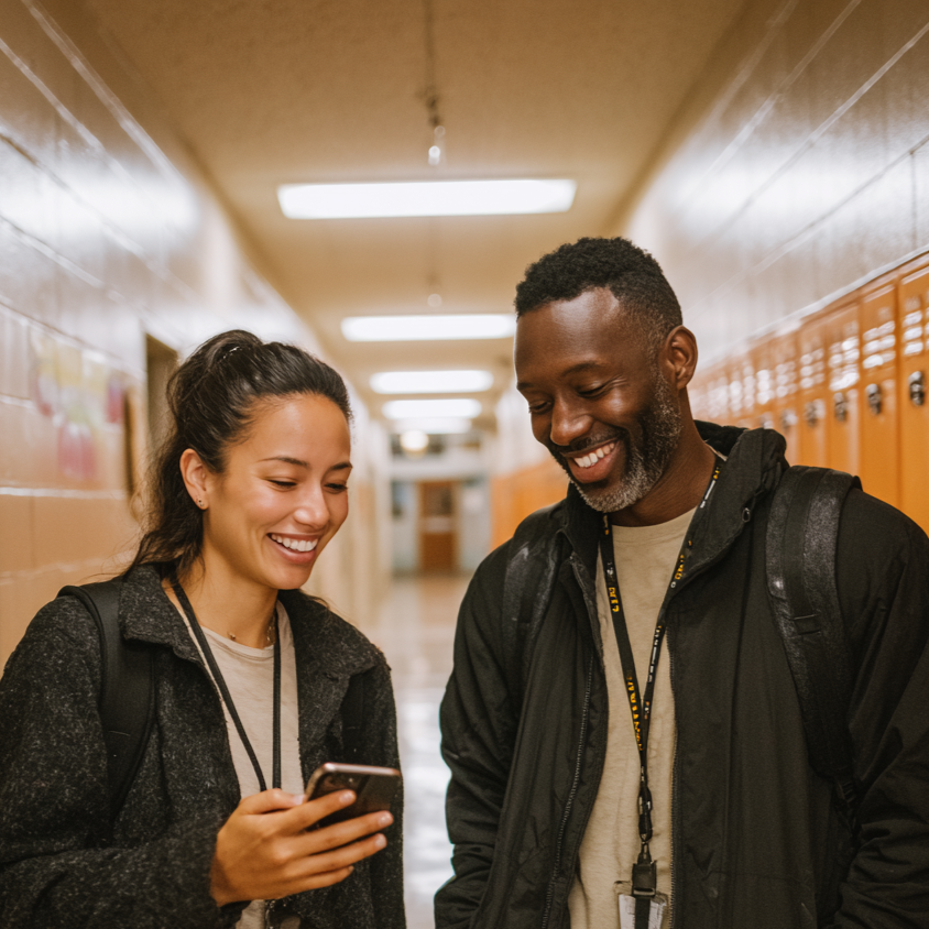 Two teachers, a woman and a man, smiling and looking at a smartphone in a school hallway with lockers.