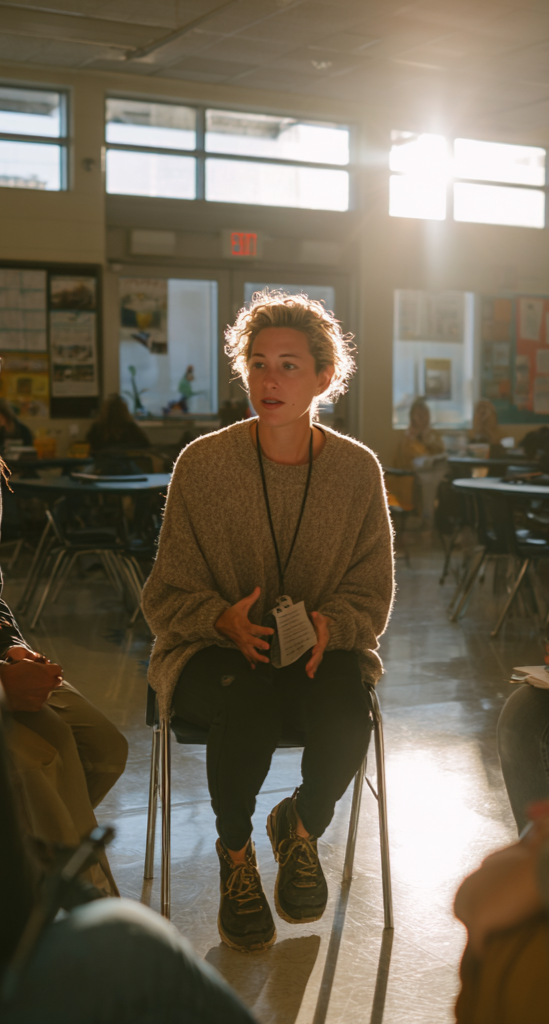 Young teacher sitting and talking in a classroom with sunlight streaming in through large windows behind her.