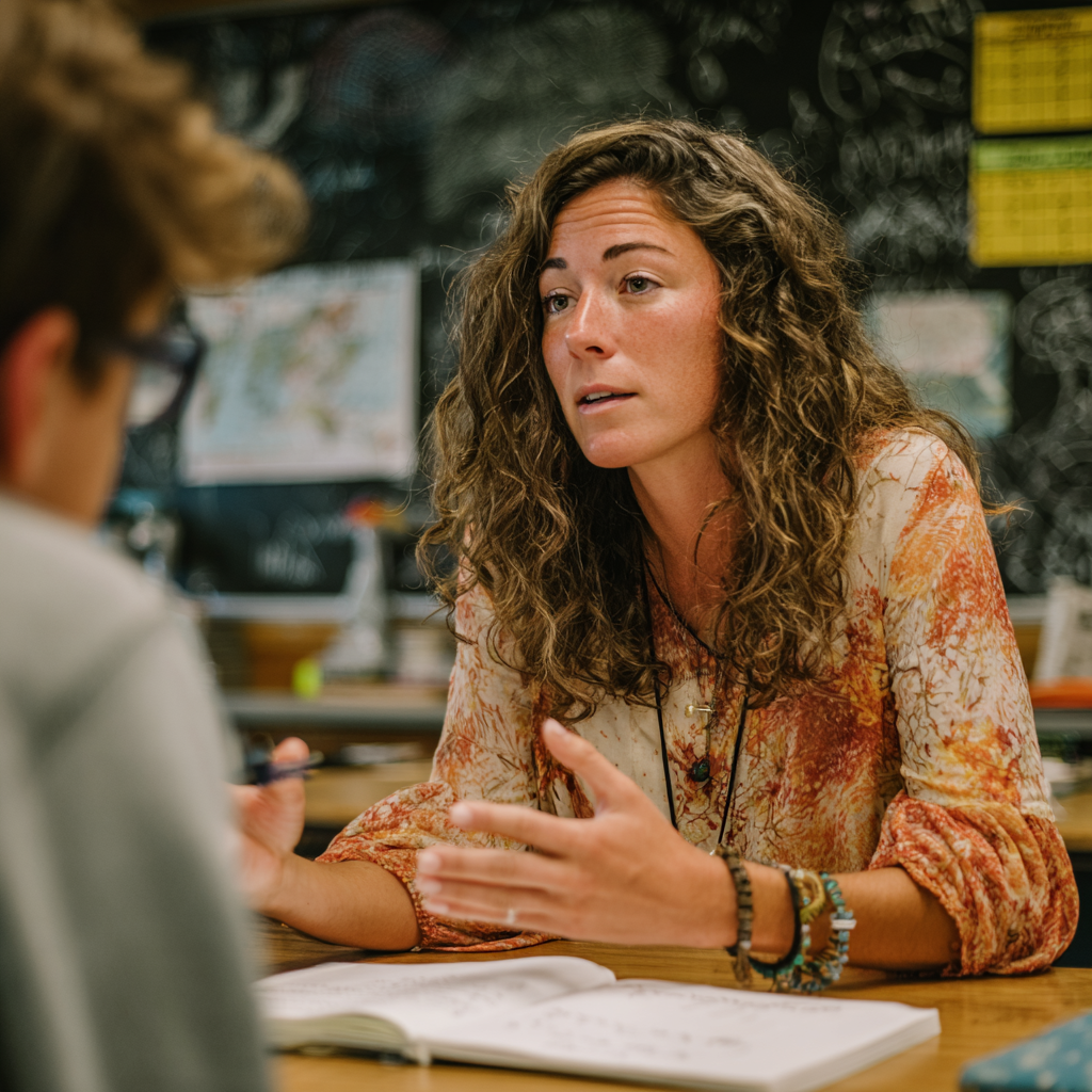 A teacher with curly hair talking and gesturing during a discussion in a classroom setting.