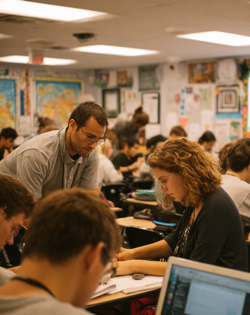 A classroom filled with students working at desks, with two teachers assisting students. The room is decorated with colorful maps and student artwork.