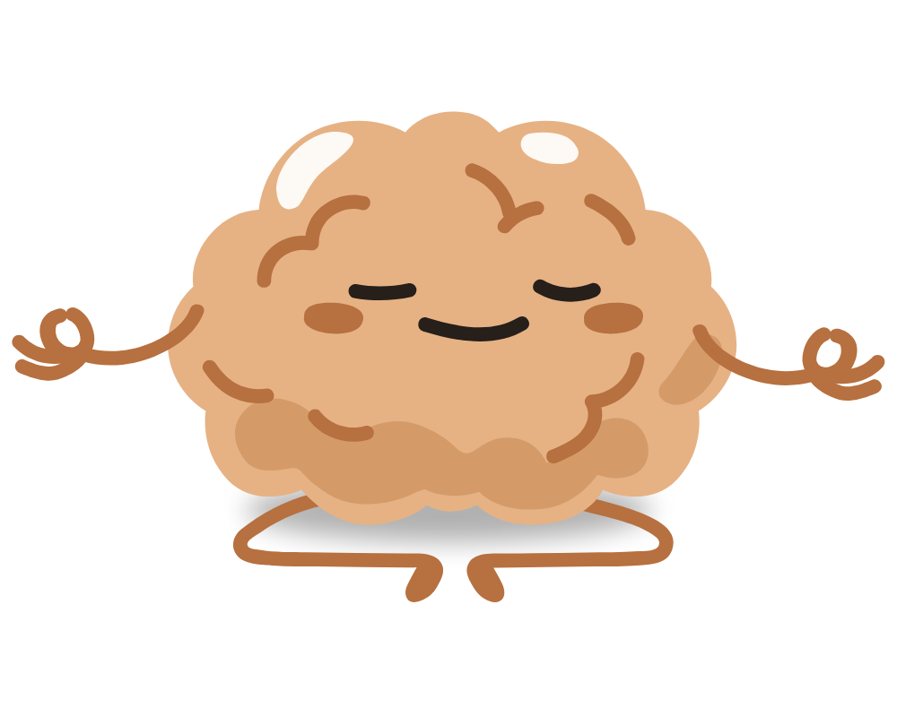 Cute cartoon brain sitting in a meditation pose with eyes closed, representing mindfulness and mental well-being.