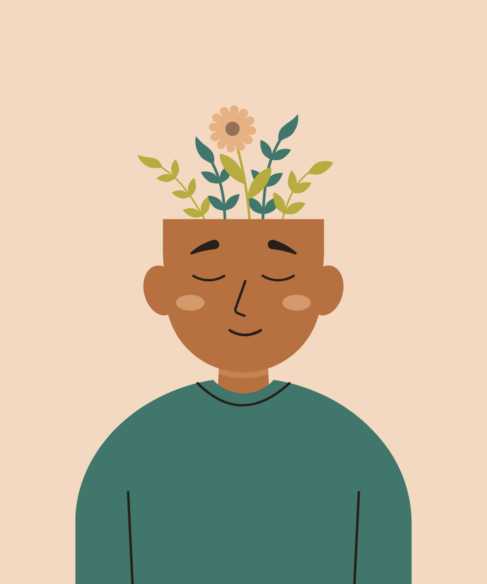Calm person with eyes closed and plants growing from their head, symbolizing mental wellness and personal growth