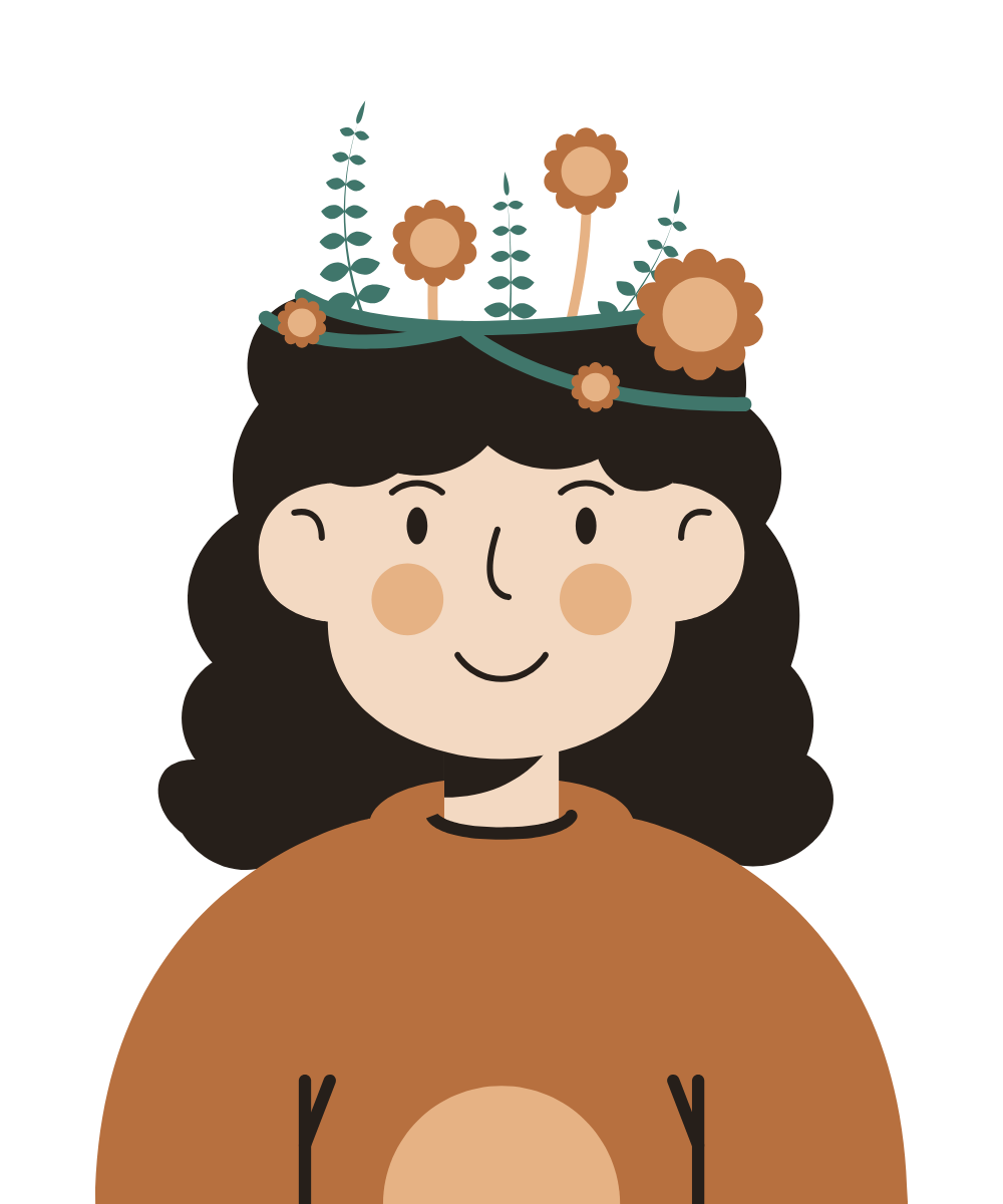 Smiling person with flowers and greenery sprouting from their head, symbolizing positive mental health and growth.