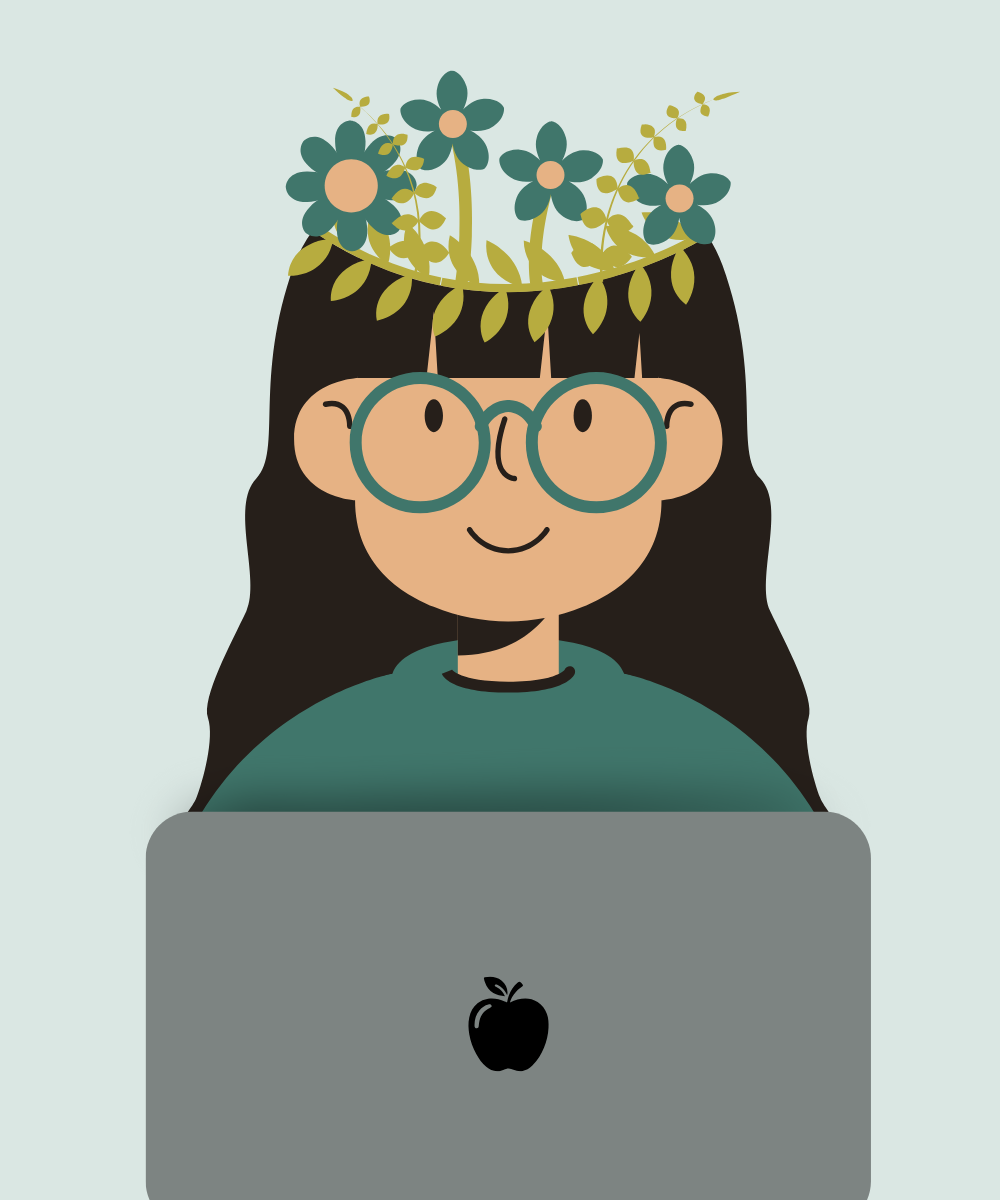 Person with glasses working on a laptop while flowers grow from their head, symbolizing creativity, focus, and well-being.
