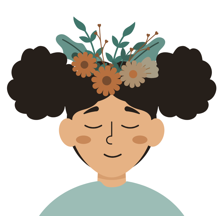 Peaceful person with eyes closed and flowers blooming from their hair, representing emotional healing and inner growth.
