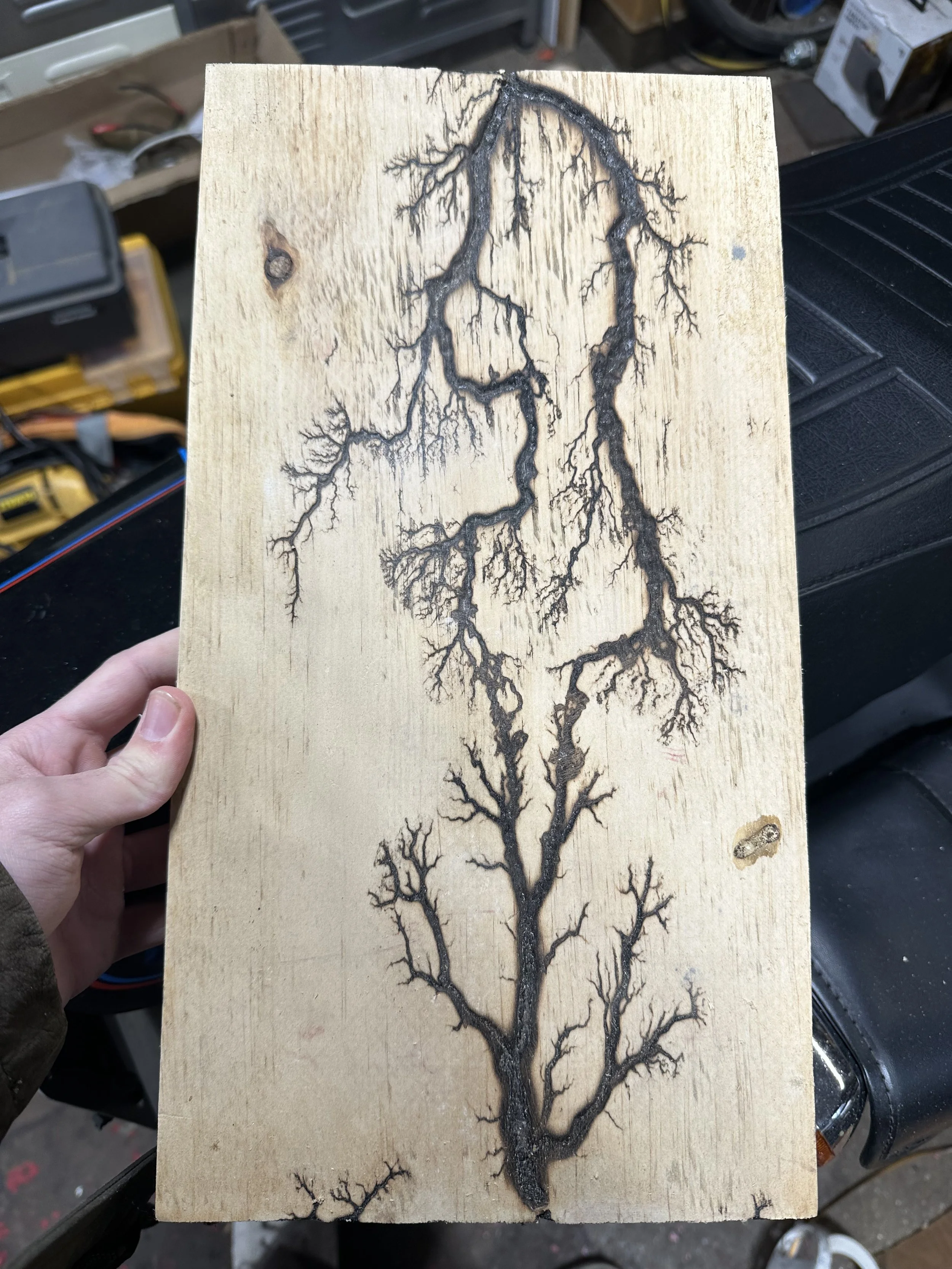 A piece of wood with a tree branch burned or carved into it, creating a detailed silhouette of several tree branches.