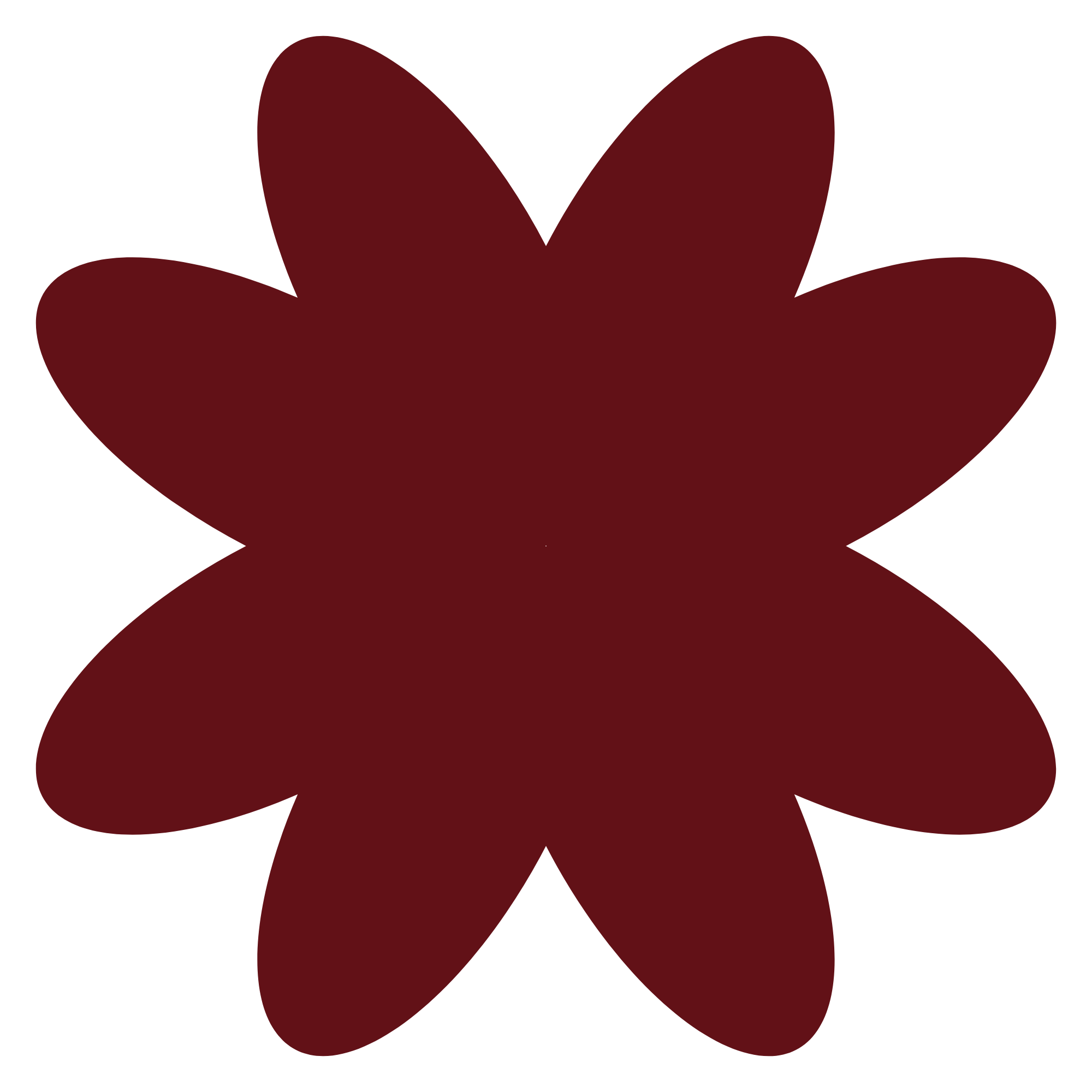 A stylized, dark red, six-petaled flower icon with rounded petals.