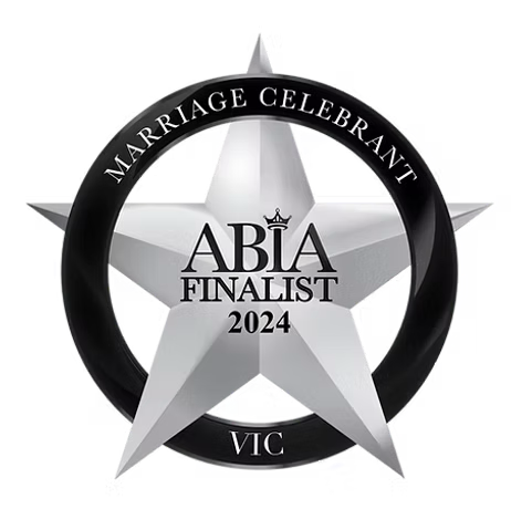 Award badge with a large silver star, black circular border, and text celebrating marriage in 2024, noting ABIA finalist in Victoria, Australia.
