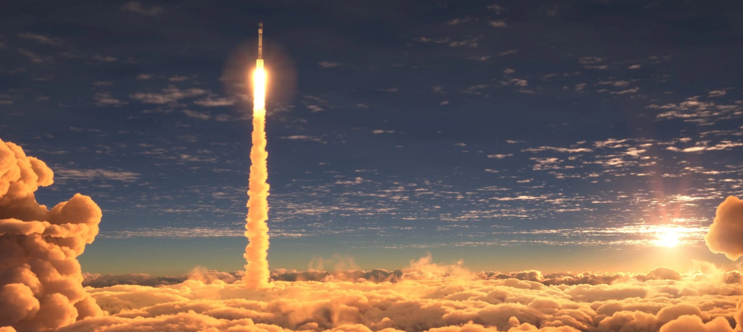 Rocket launch captured for a space industry brand film, rising above clouds at sunset.