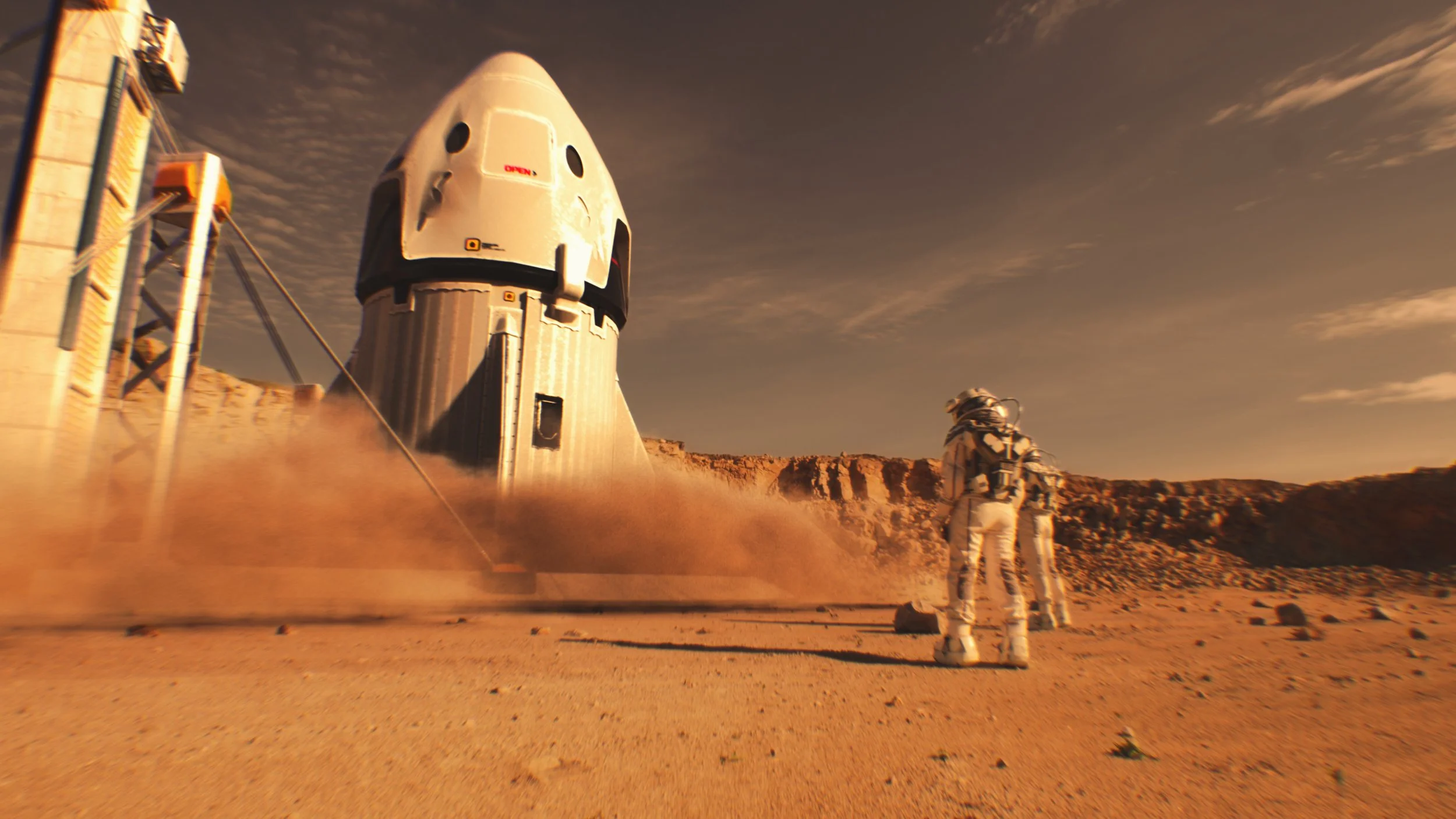 Astronauts in space suits boarding a spacecraft on Mars, with a rocky, reddish landscape and a clear sky in the background representing the delivery of the space brand film to the company.