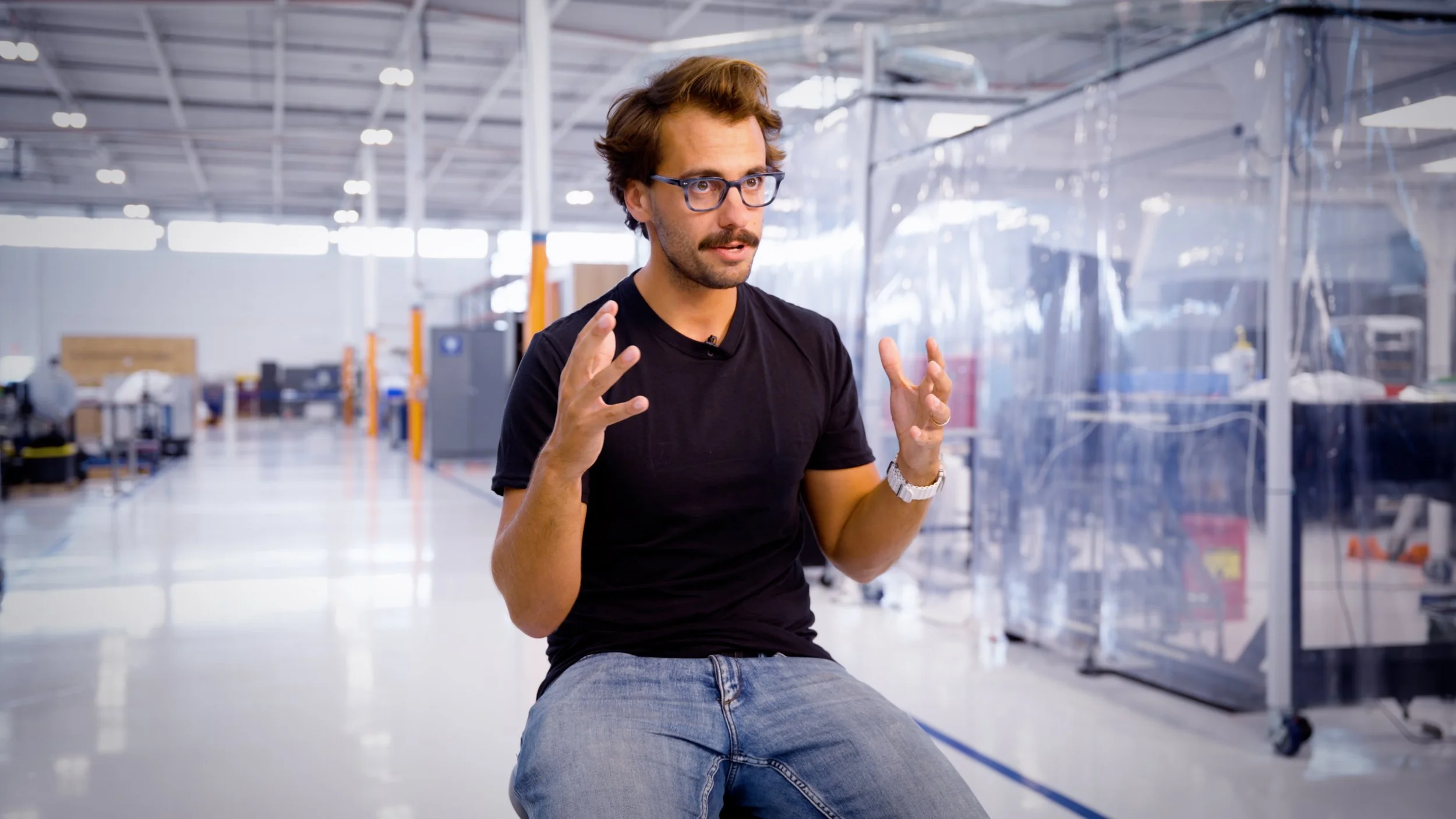 Founder interview filmed inside a space manufacturing facility for brand film production.