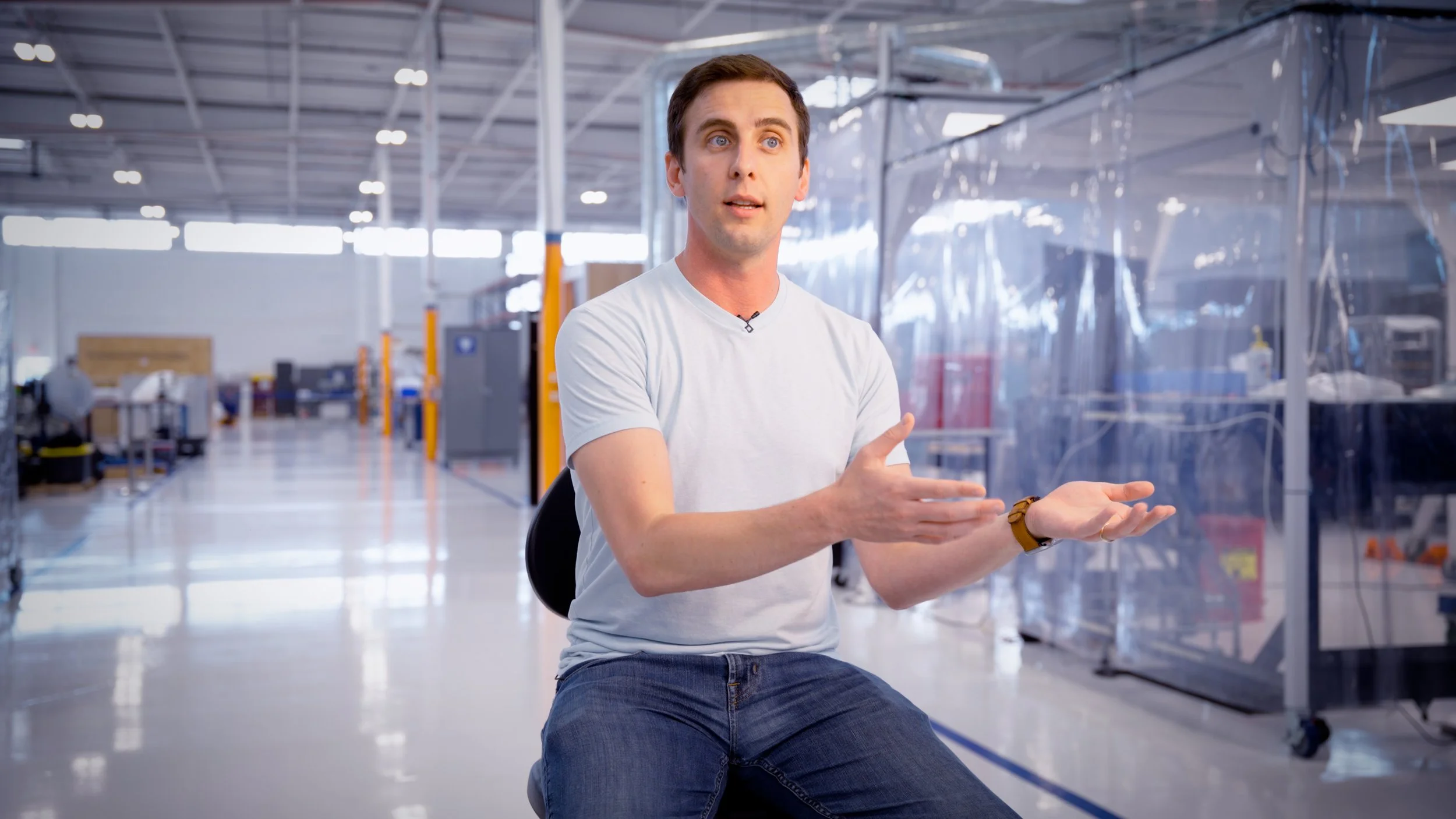 On-camera interview with a founder filmed for a space company brand film inside a manufacturing facility.