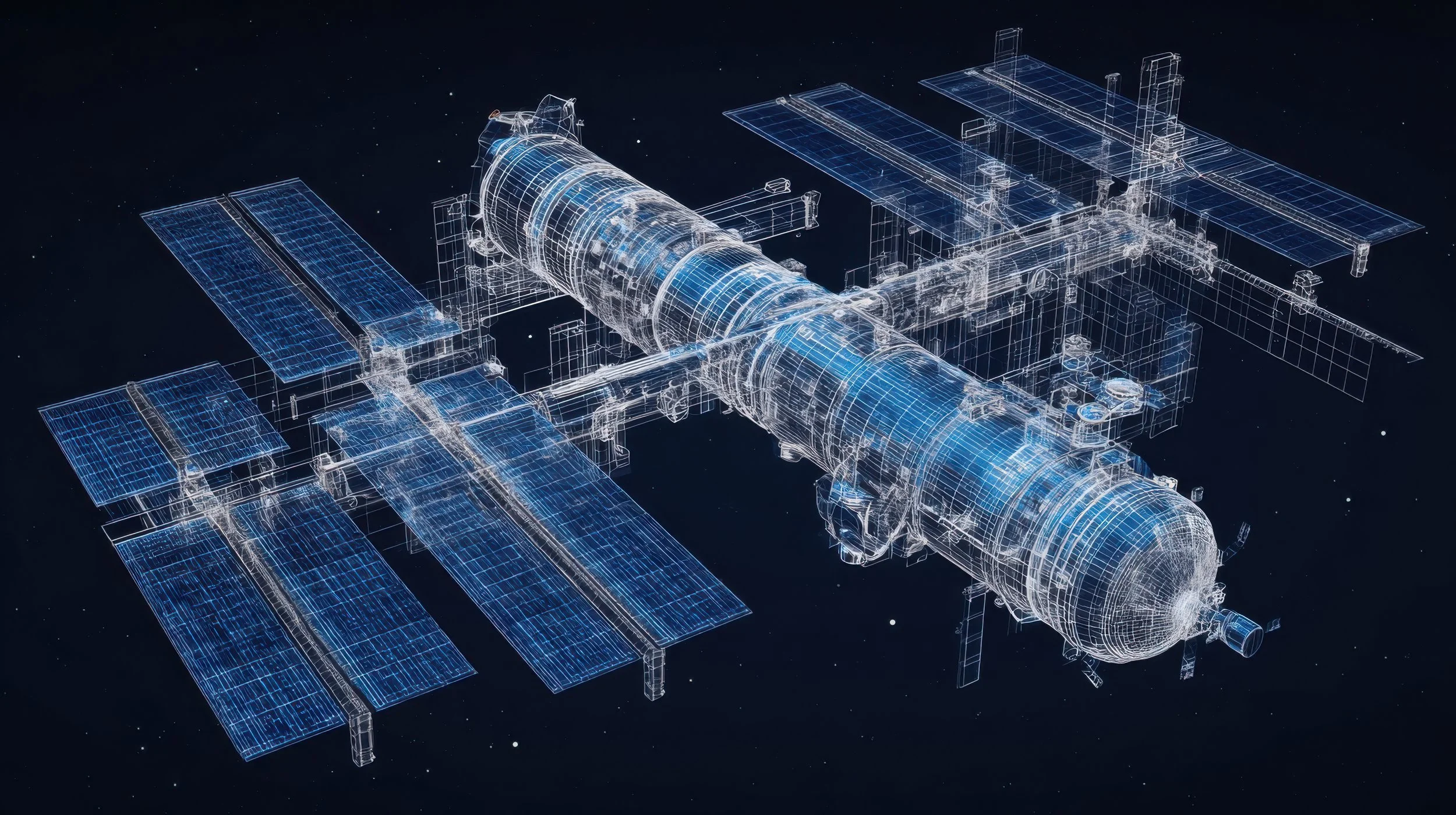 Digital blueprint visualization of a space station illustrating aerospace systems and in-orbit manufacturing.